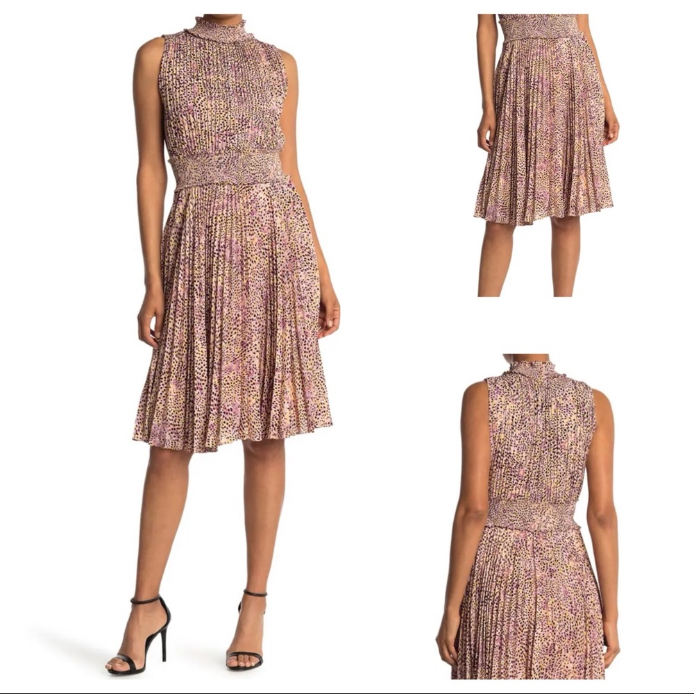 Nanette Lepore Cream and Pink Pleated Tie Front Midi Dress